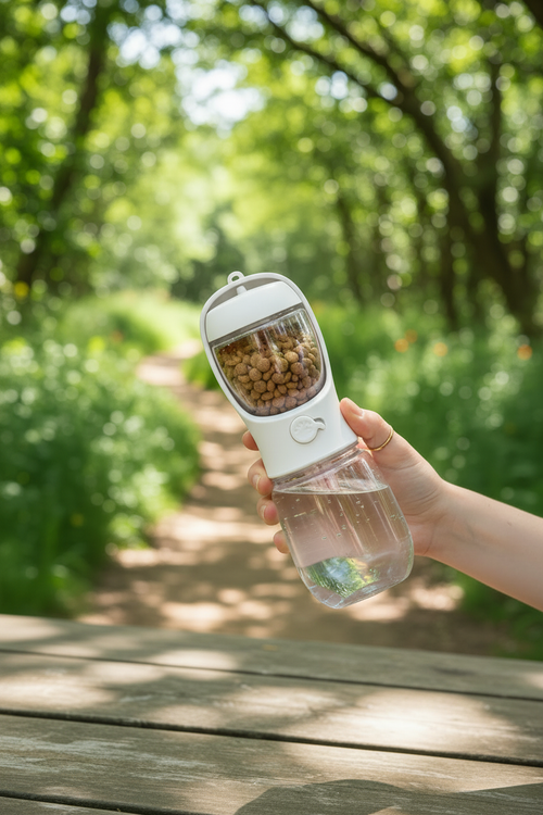2-in-1 Dog Walk Water & Food Bottle – White with Kibble