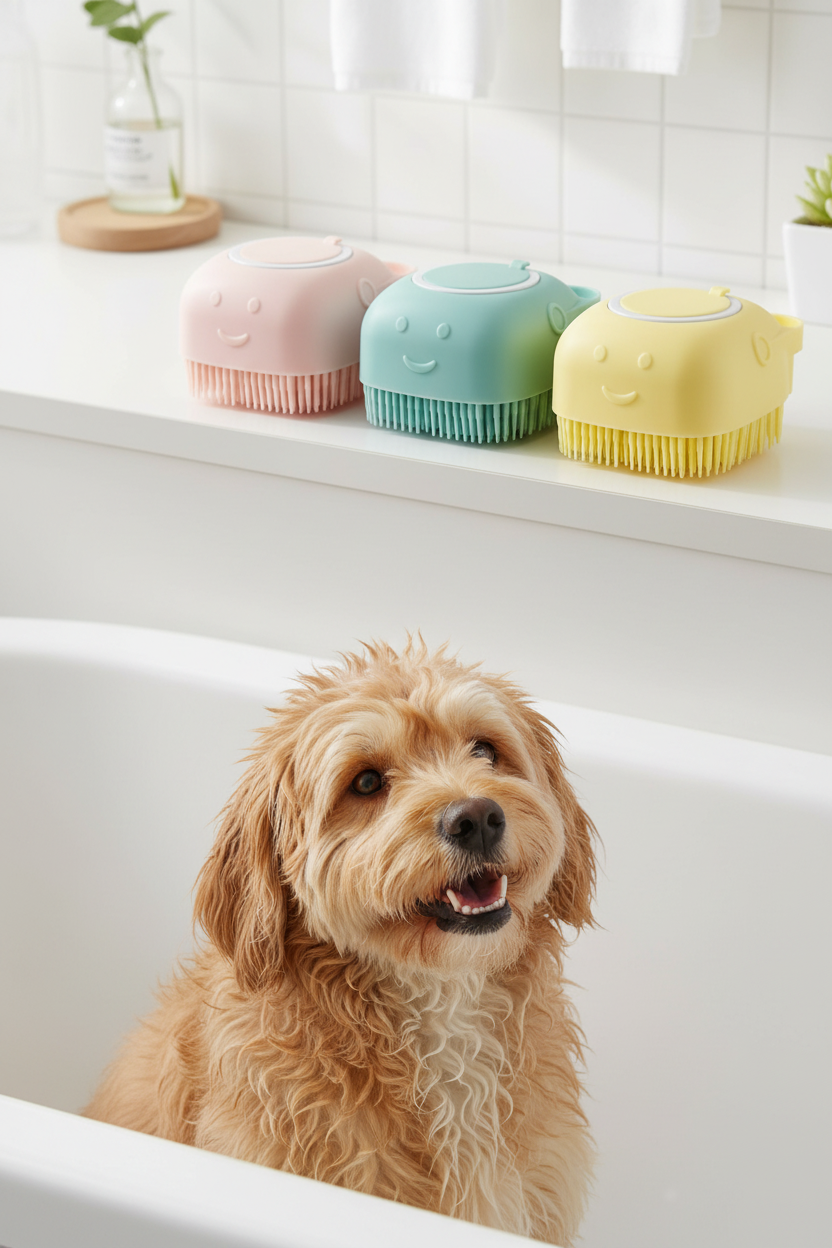 Gentle Pet Bathing Scrubber – With Dog