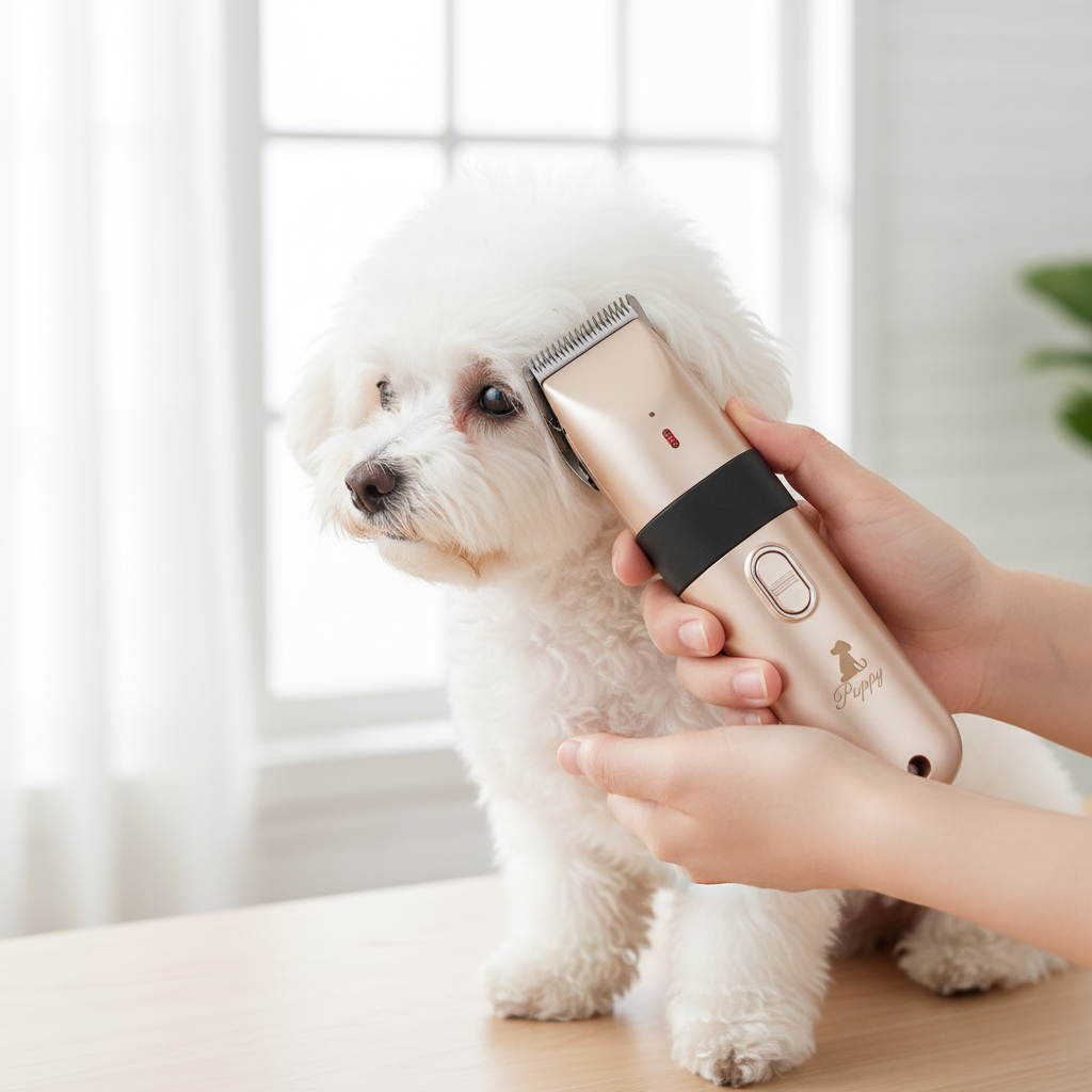 Person grooming a Bichon Frise with the Puppy electric pet clipper