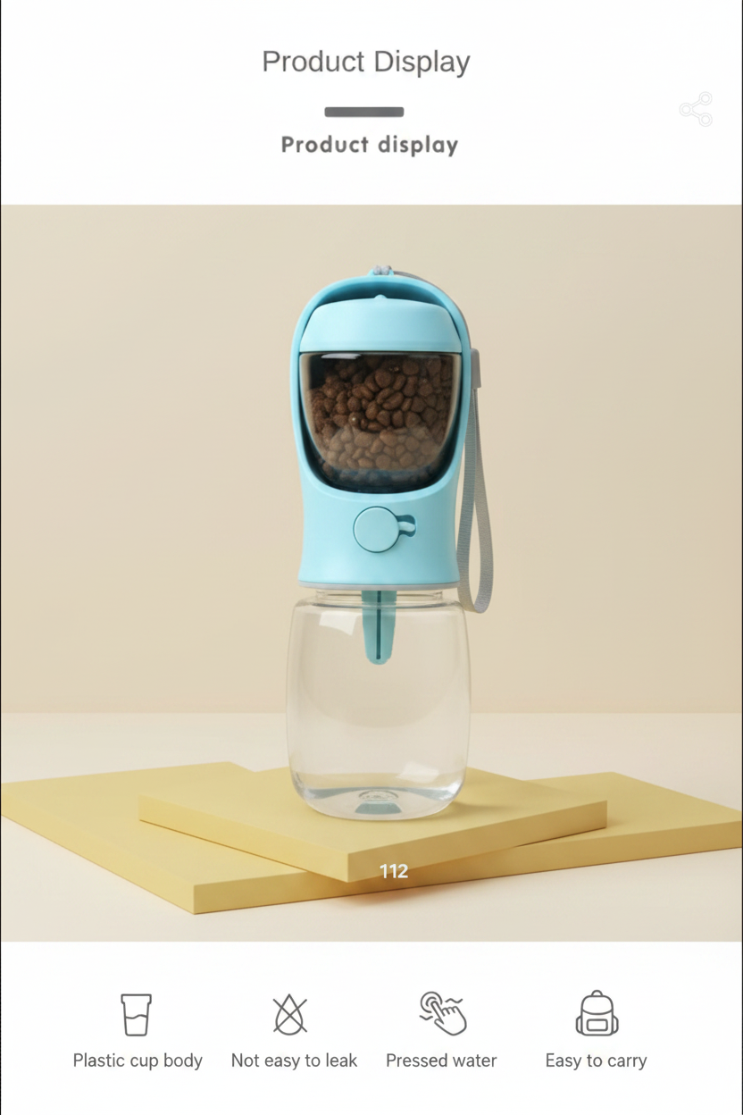 Blue dog water and food bottle on yellow podium with feature icons
