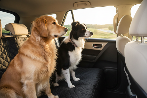 Two dogs sitting together on black car seat cover in SUV on road trip