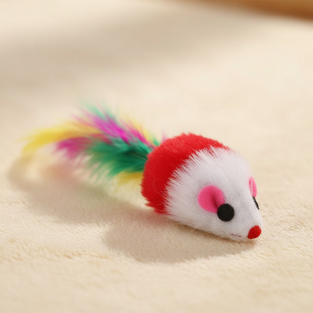 Close-up of fluffy white and red cat toy mouse with colorful rainbow feather tail
