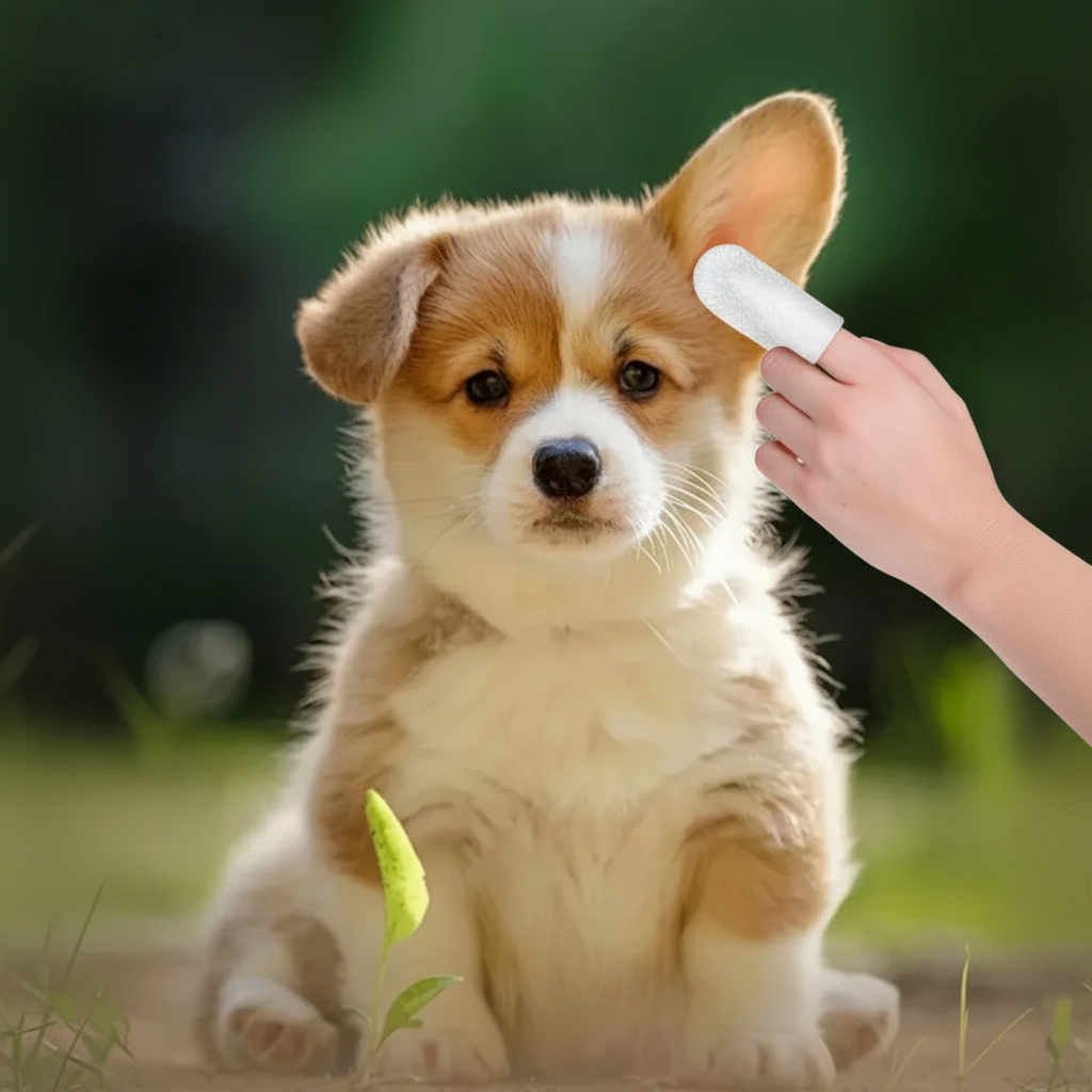 Corgi puppy outdoors with finger wipe ear cleaning