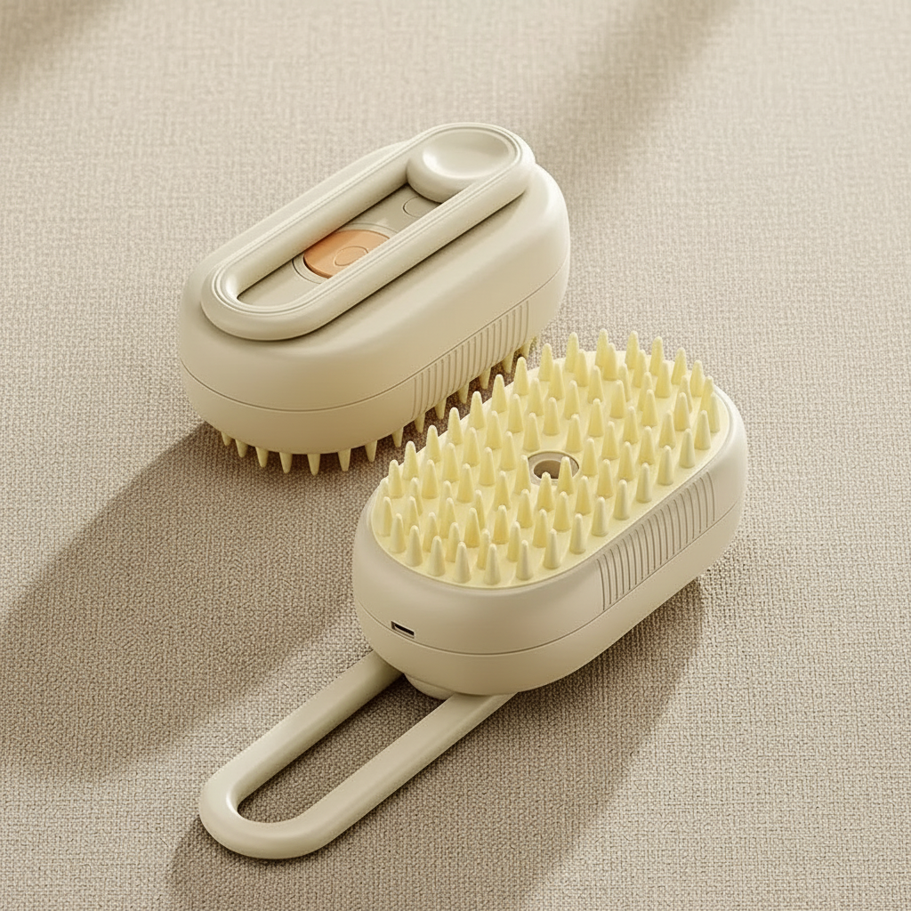 Two off-white electric pet grooming spray brushes stacked on warm beige linen surface