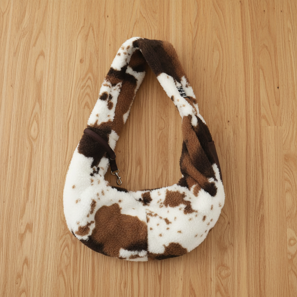 Brown and white cow print fluffy sherpa pet sling carrier on warm light wood surface