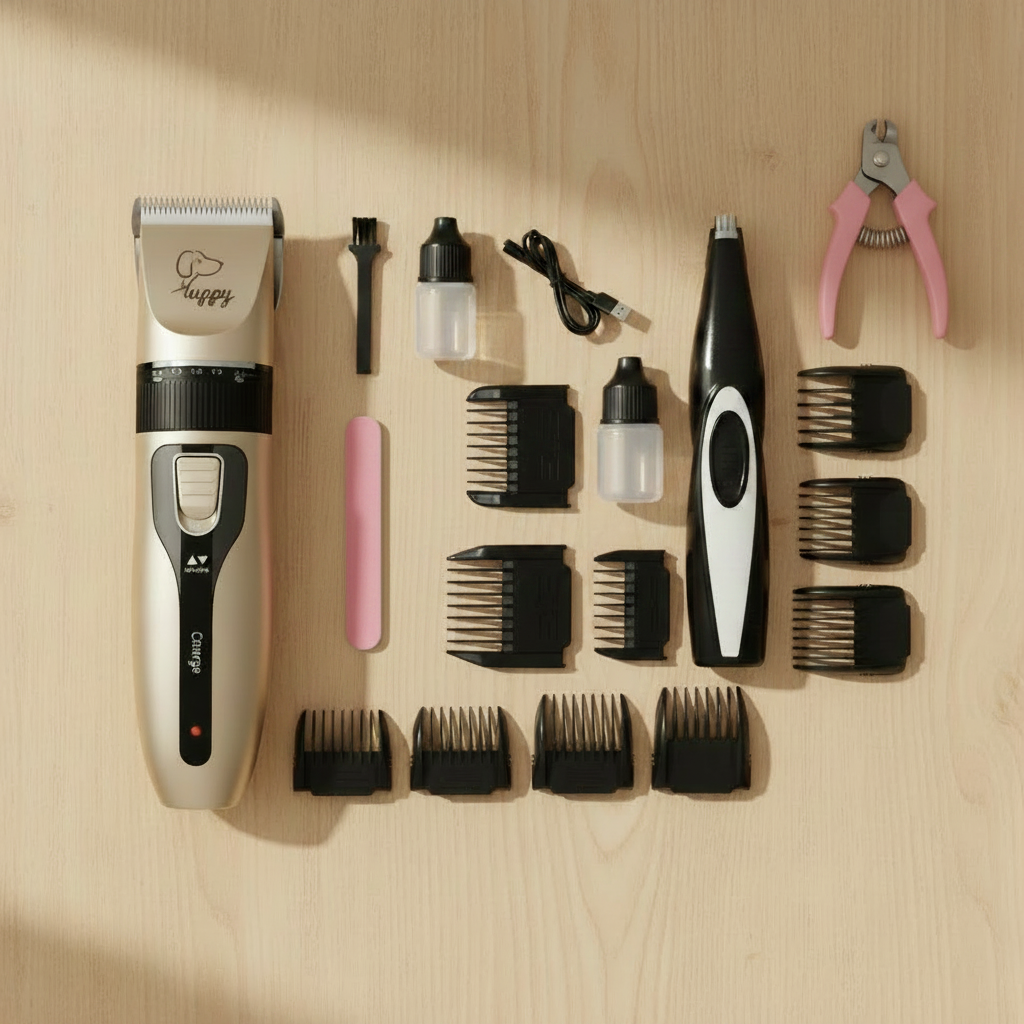 Pet grooming Kit 3 on wood surface with clipper, scissors, pink nail file, pink arch clipper, comb, guide combs, ear trimmer