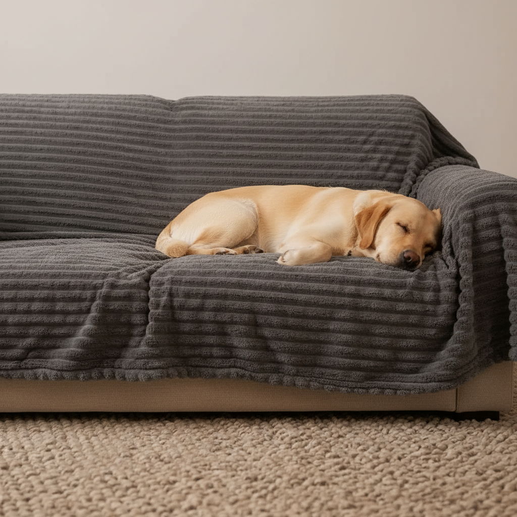 Golden retriever napping on charcoal grey ribbed blanket on sofa