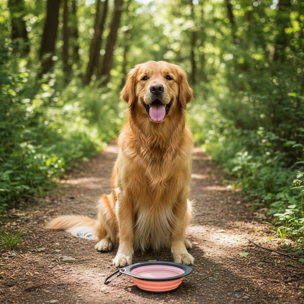 Golden retriever on hiking trail with pink collapsible pet bowl