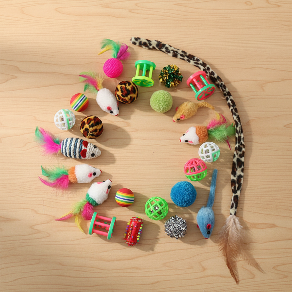 20-pack cat toy set spread on warm light wood surface