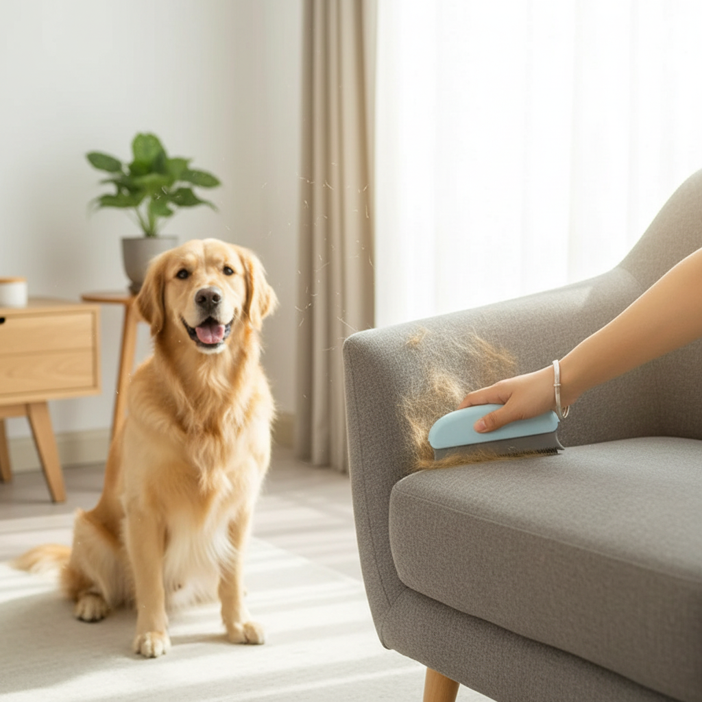 Person using light blue pet hair brush on grey armchair with golden retriever nearby