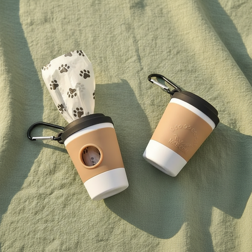 Two coffee cup poop bag dispensers on sage linen