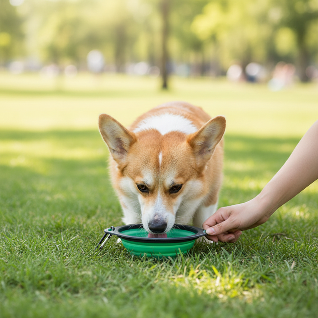Dog drinking water from green collapsible pet bowl in park