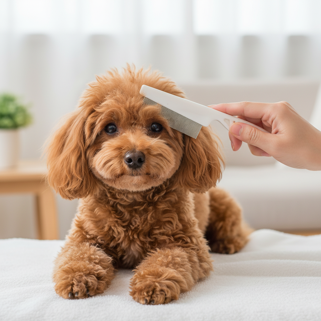 Person combing ear fur of apricot Toy Poodle with white fine-tooth flea comb
