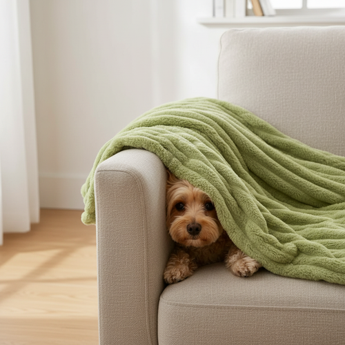 Small dog peeking out from under sage green ribbed blanket on sofa arm