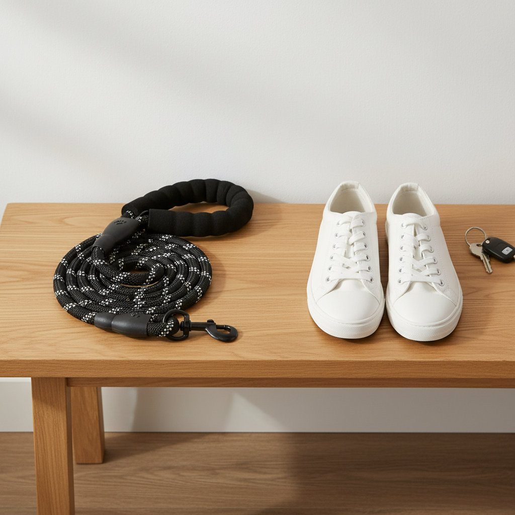 Black reflective rope dog leash coiled on oak entryway bench with sneakers and keys