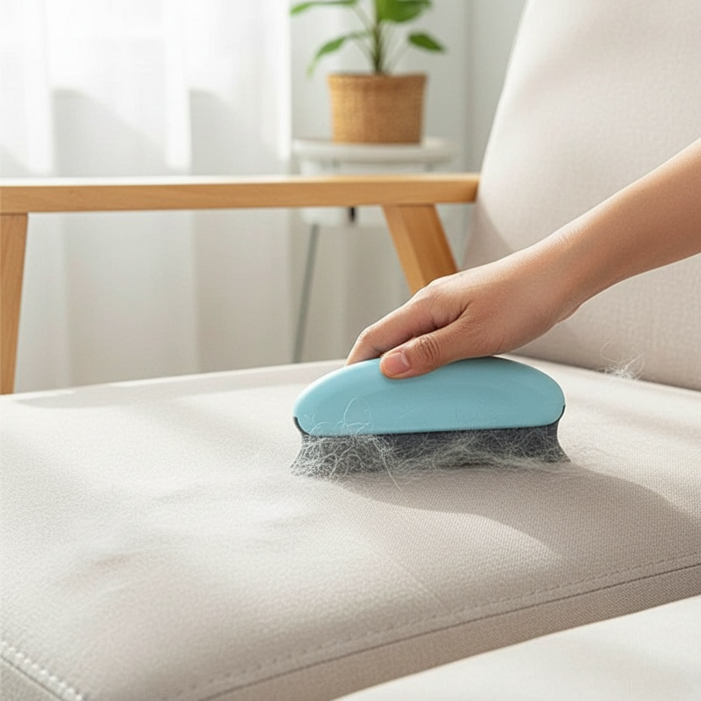 Person using light blue pet hair brush to remove fur from beige linen sofa