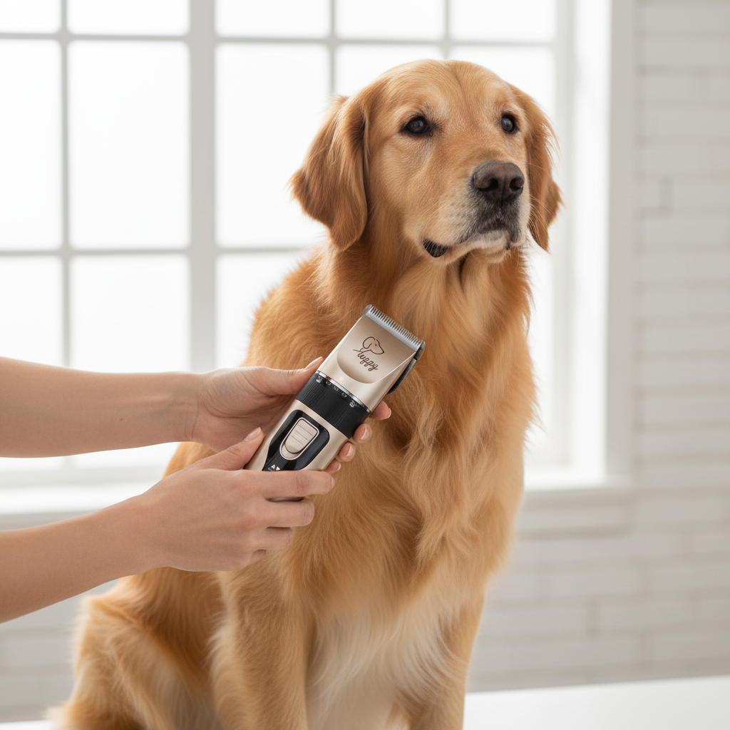 Person grooming a golden retriever with the Puppy electric pet clipper