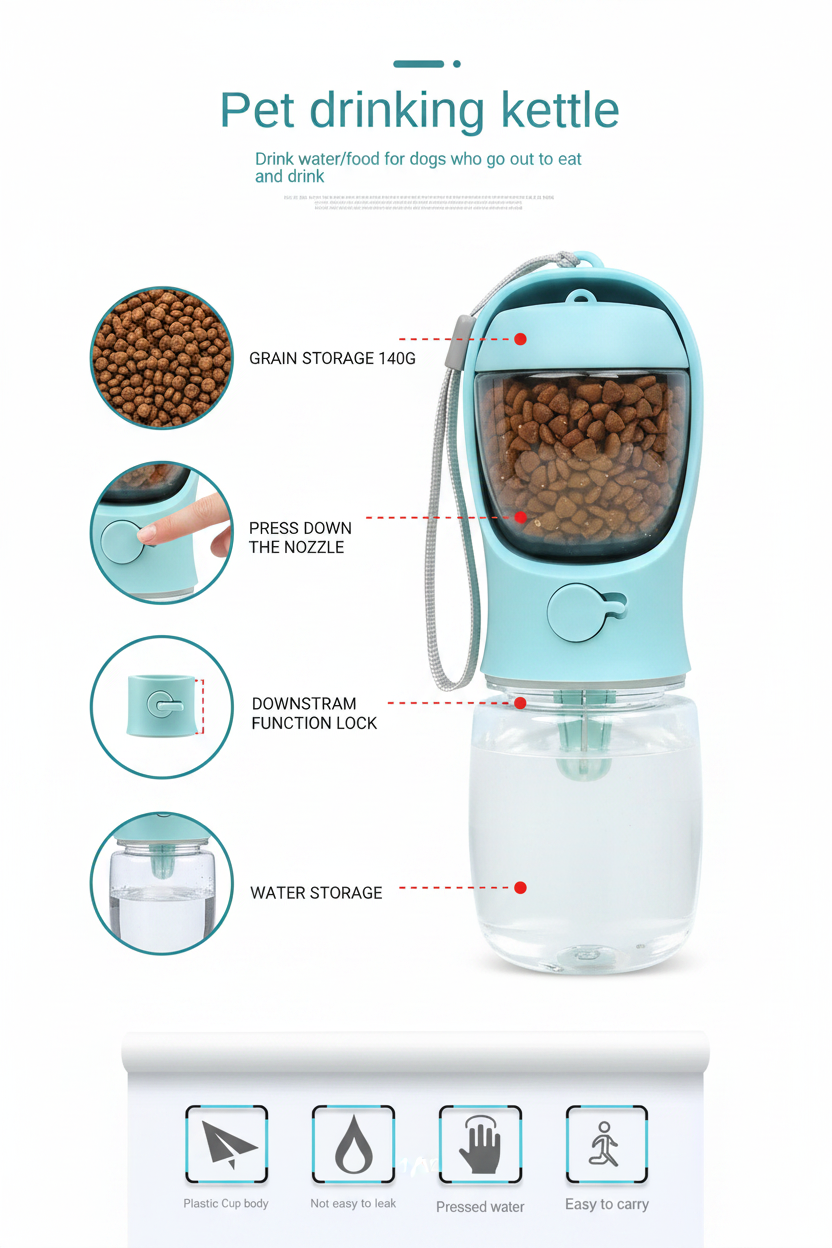 Infographic showing kibble storage, press button, lock and water reservoir callouts