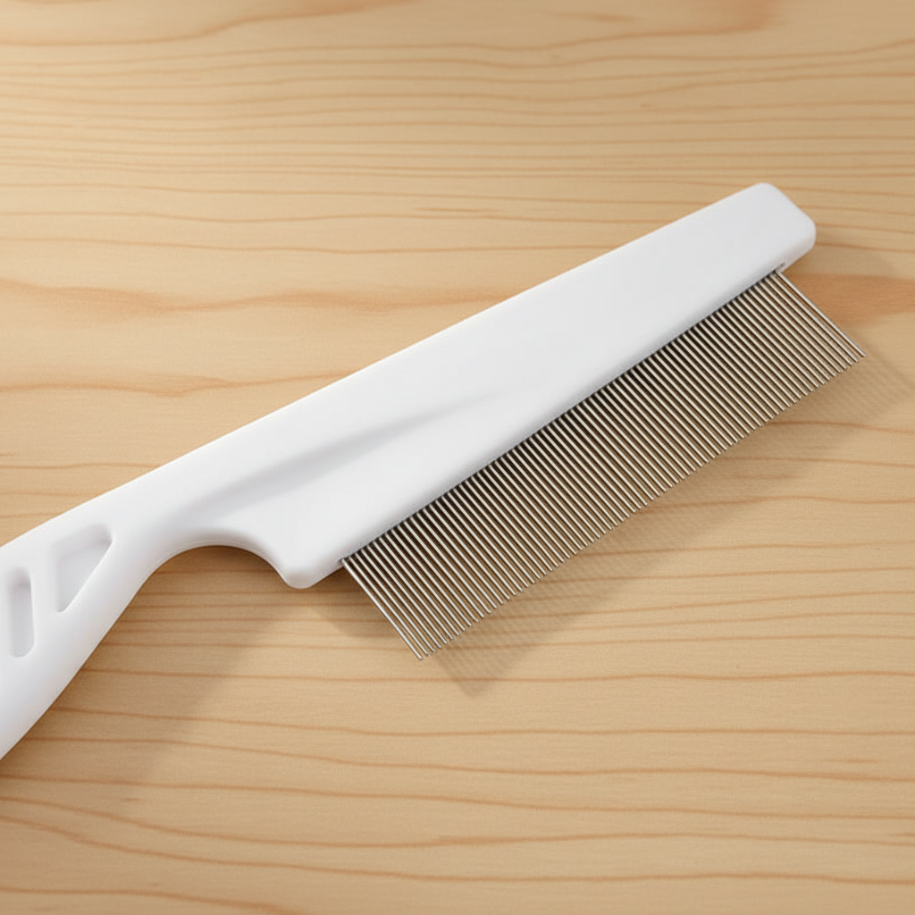 Single white pet flea comb close-up on warm light wood surface
