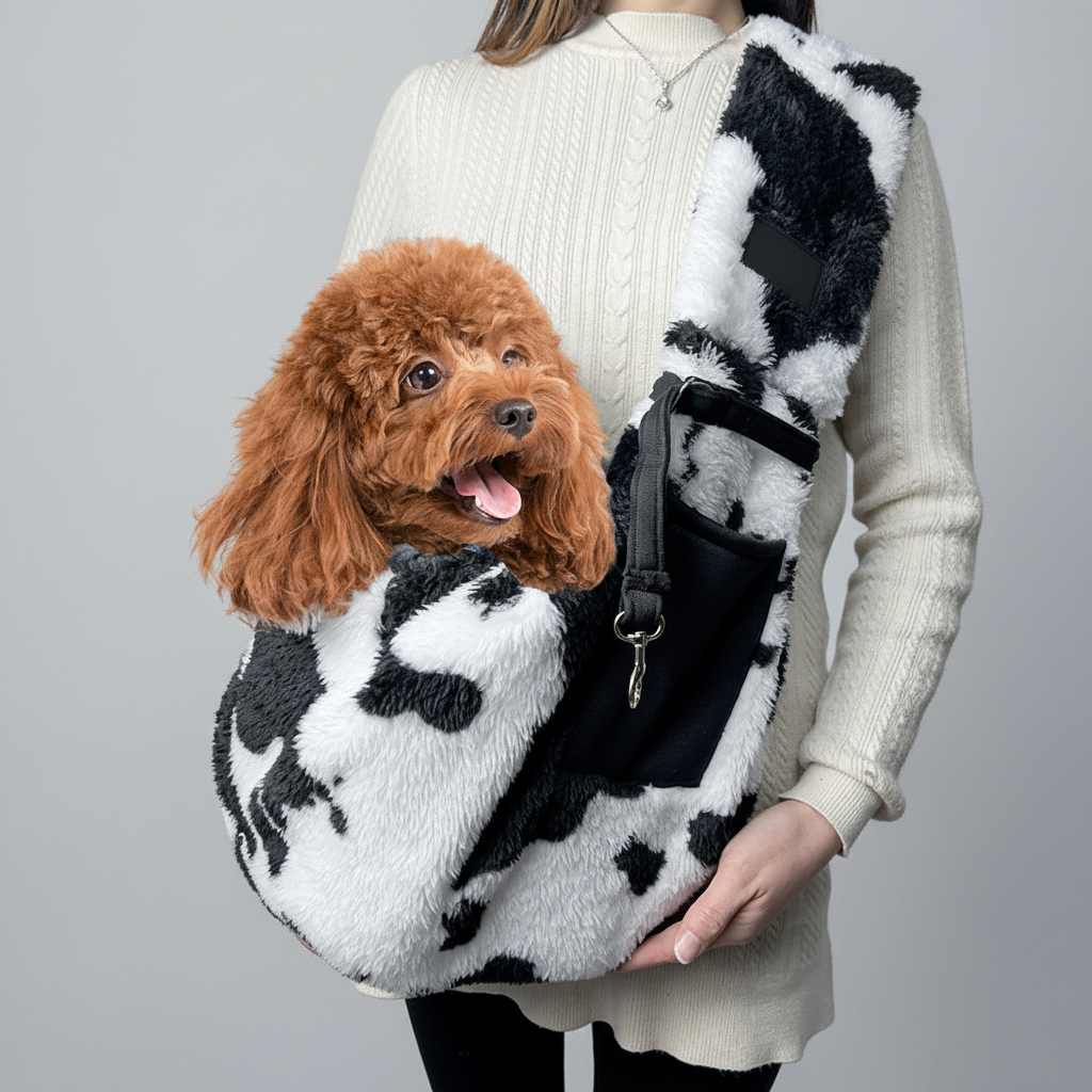 Woman in cream knit sweater wearing black and white cow print sherpa pet sling with brown poodle peeking out
