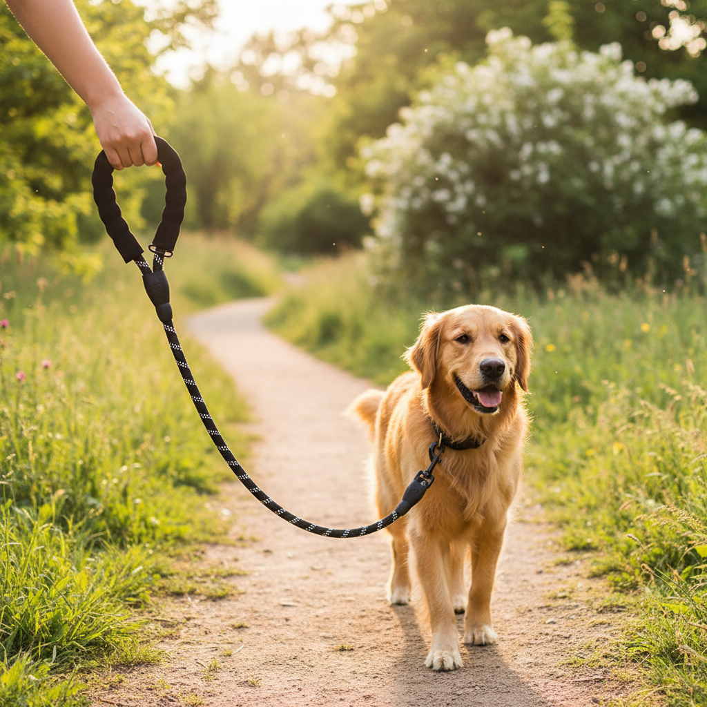 Woman holding foam handle of reflective rope dog leash while walking golden retriever in park