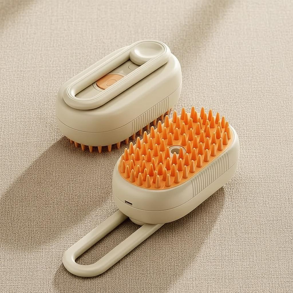 Off-white electric pet grooming spray brush on beige linen surface