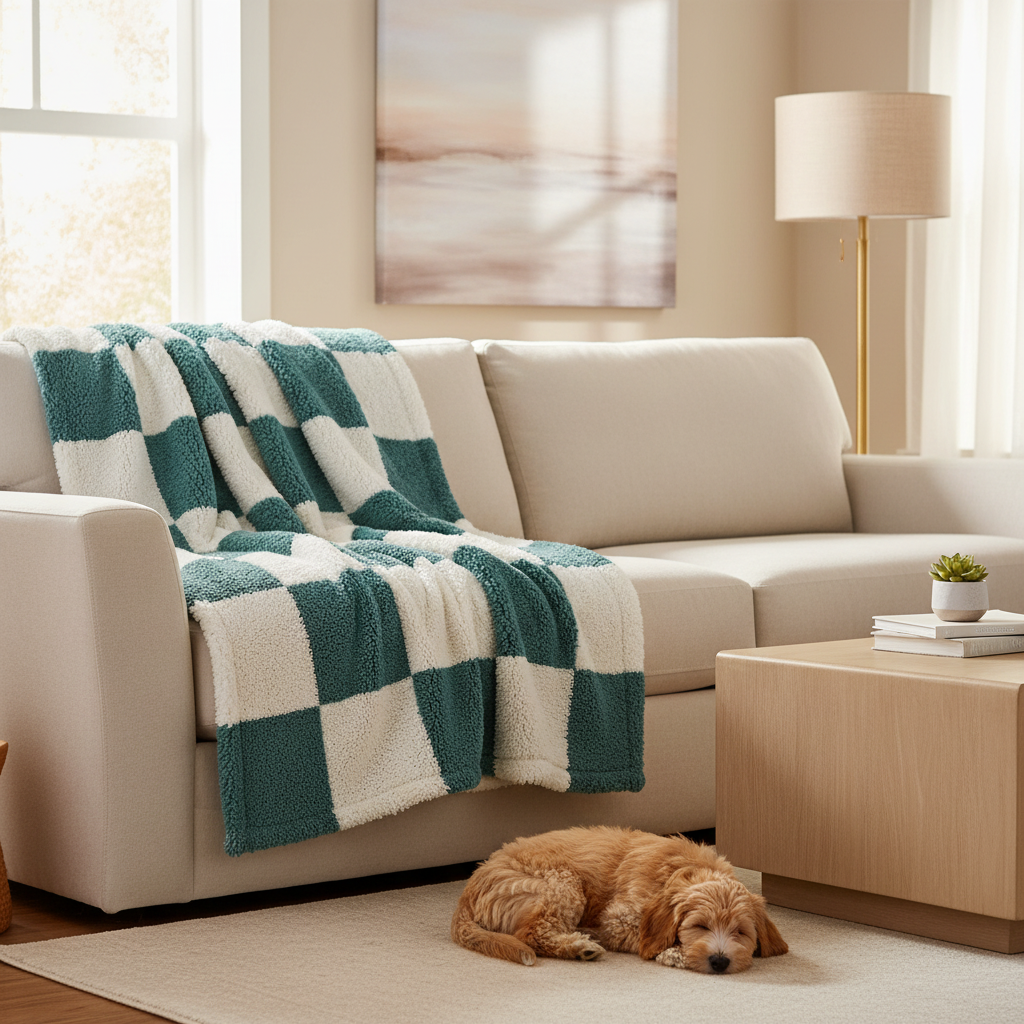 Cozy Flannel Checker Blanket - Teal & White Sofa with Dog