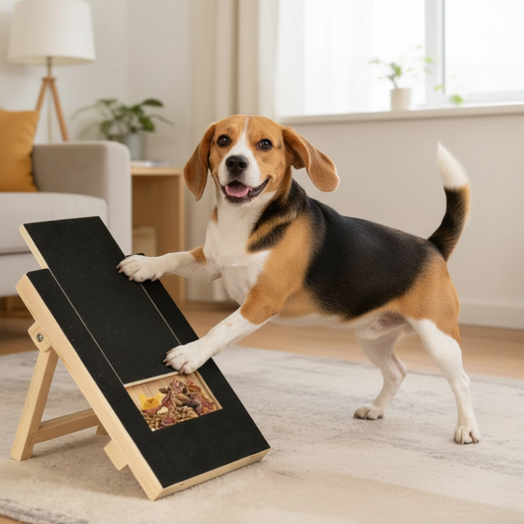 Beagle scratching nails on Dog Scratch Board with Treat Box