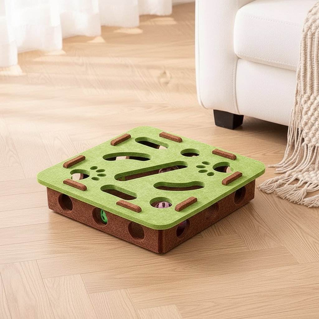 Green and brown square cat puzzle toy box on warm wood floor with cozy home interior background