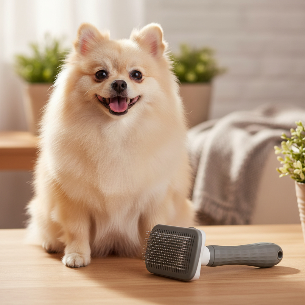 Pet Knot-Free Detangler Brush with a Pomeranian