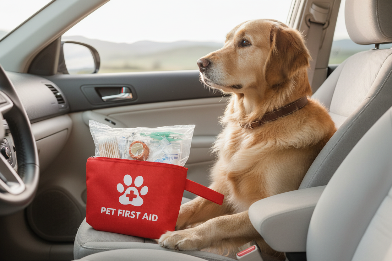Pet First Aid Kit on car seat with dog for road trip