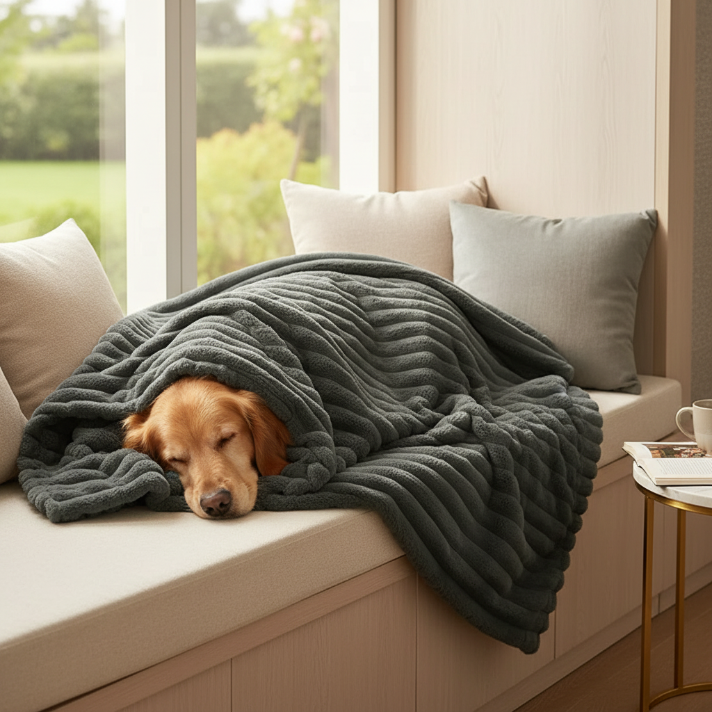 Golden retriever wrapped in charcoal grey faux fur throw blanket on window seat