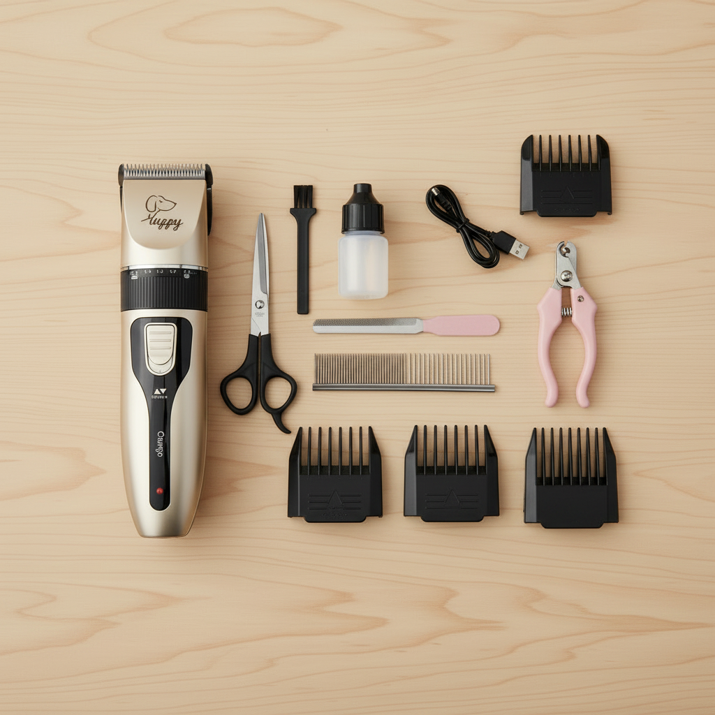 Pet grooming Kit 2 on wood surface with clipper, scissors, combs, nail clippers, file, oil bottle, USB cable and 4 guide combs