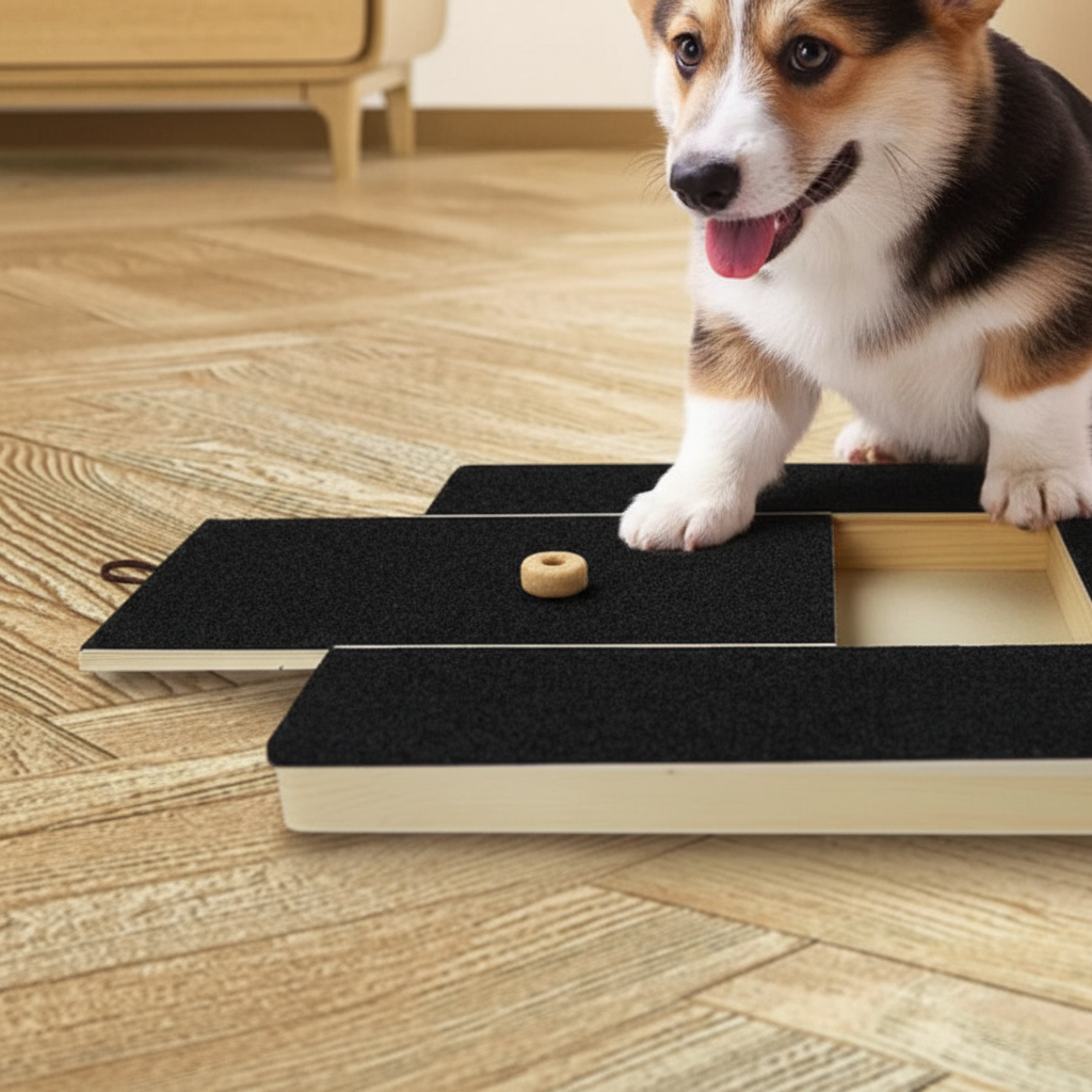 Close-up of dog paw scratching on nail scratch board with treat box