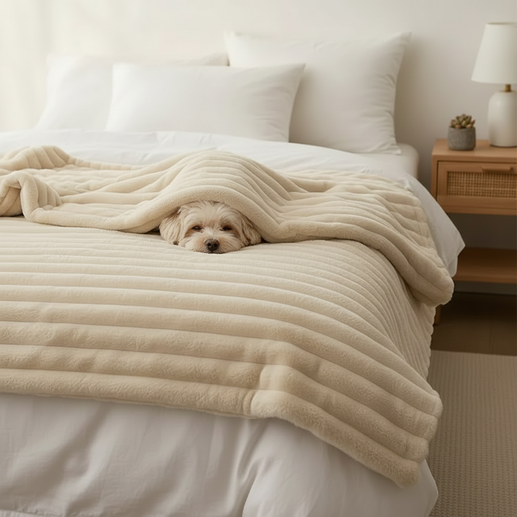 Small fluffy dog snuggled under ivory faux fur blanket on bed