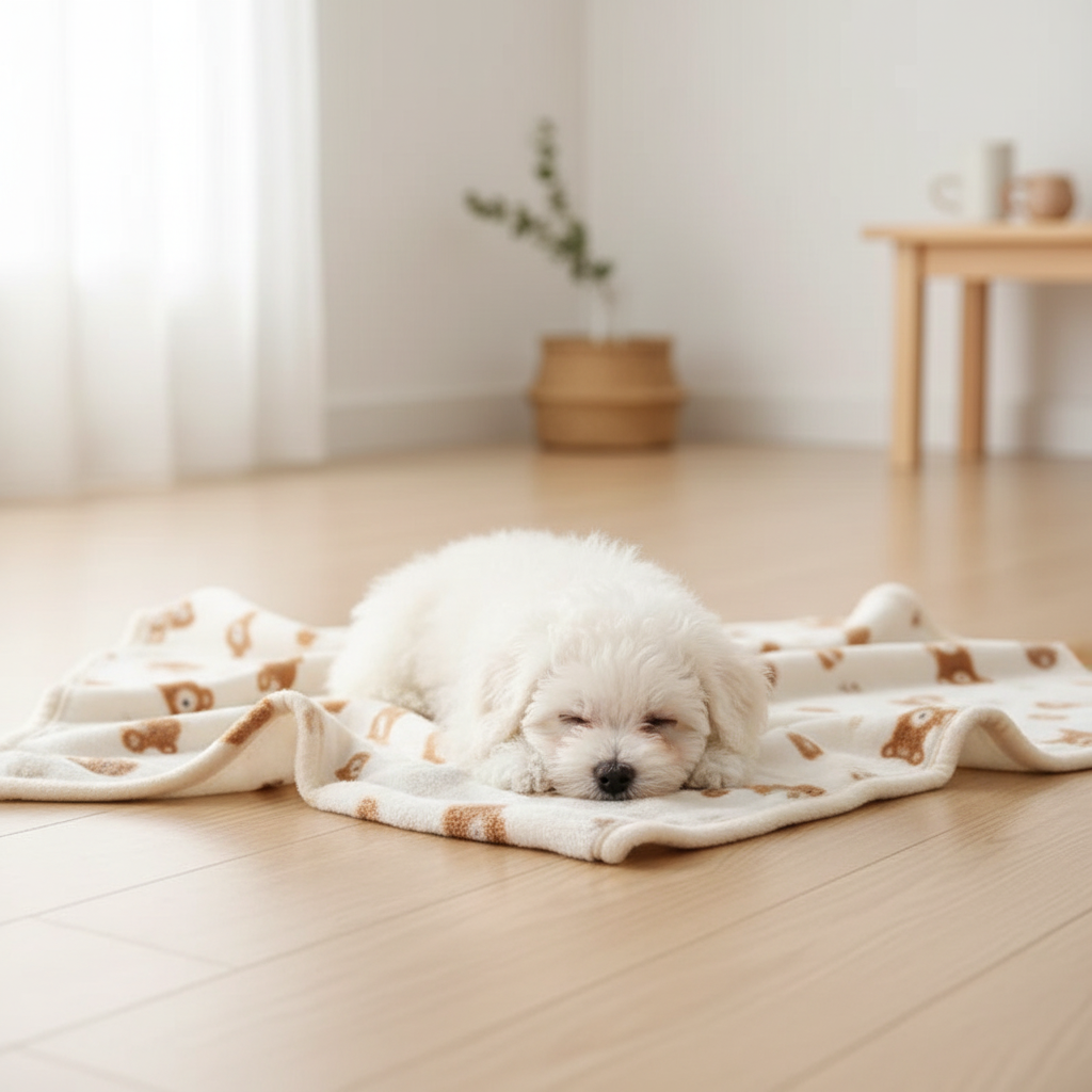 Fluffy white Bichon Frise puppy lying on a cream white teddy bear print pet blanket on a light wood floor