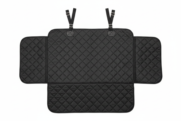 Black quilted waterproof dog car seat cover flat lay showing full product with straps and flaps