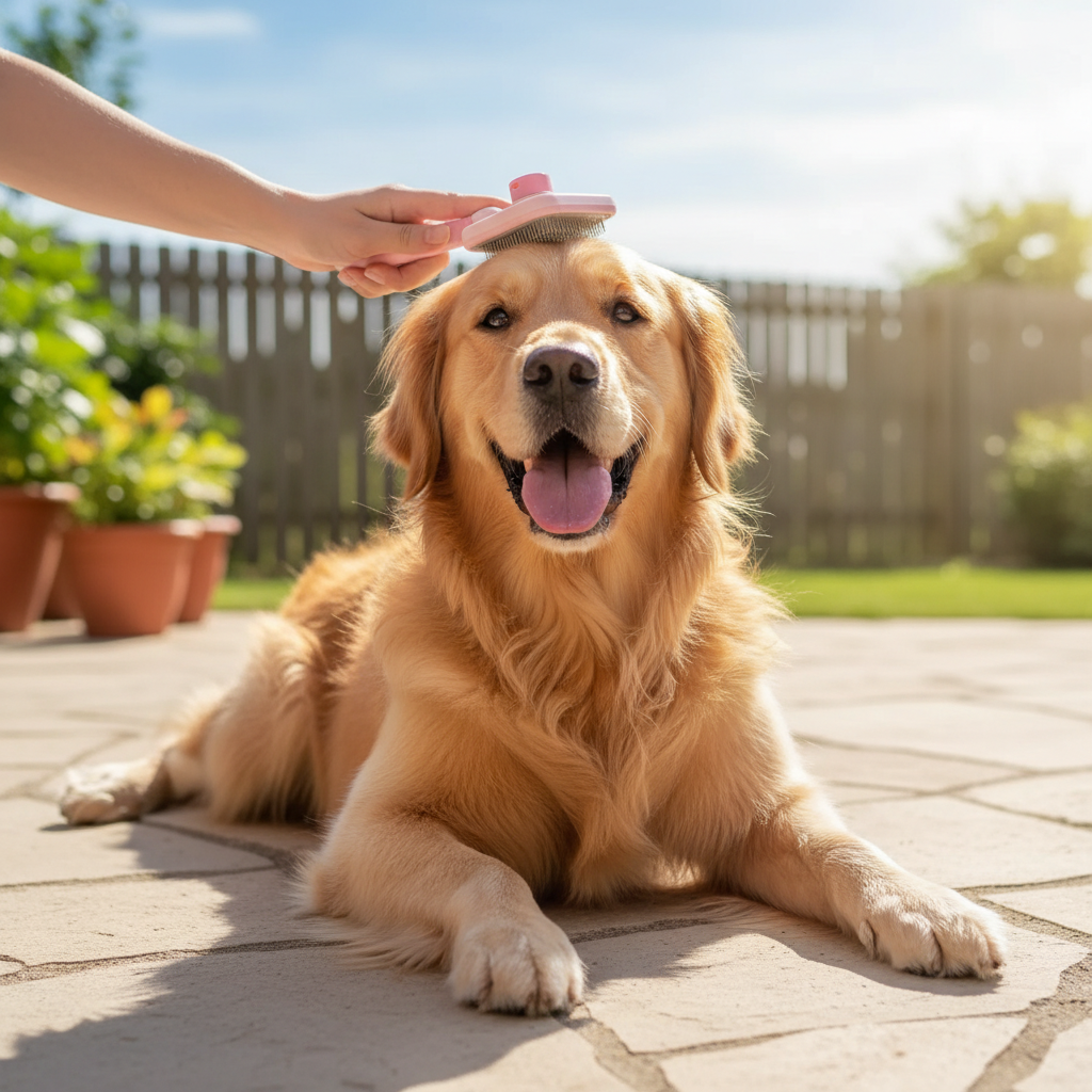Person using pink dematting comb on a golden retriever outdoors