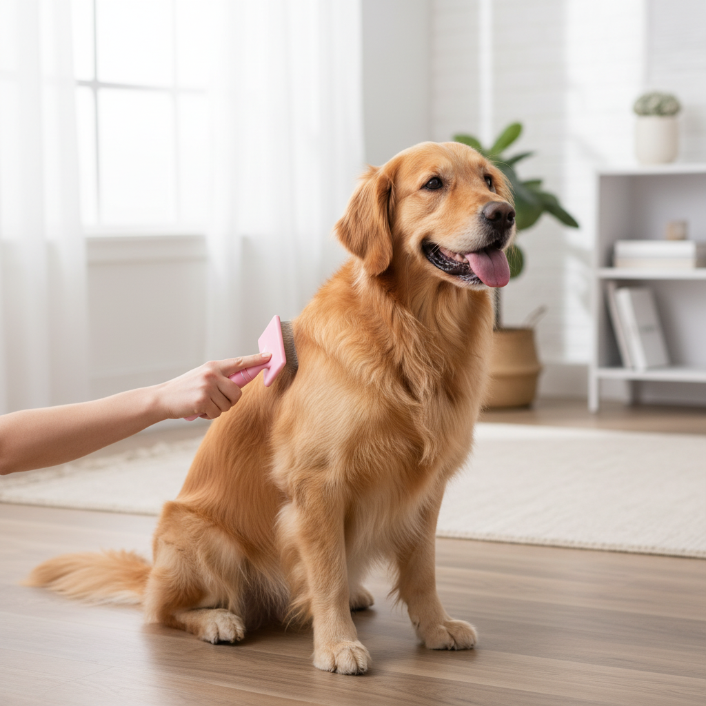 Person using pink slicker brush to groom a golden retriever