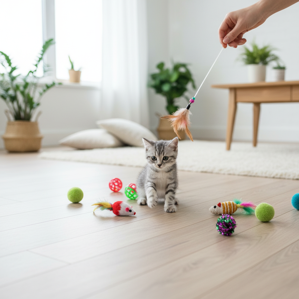 Grey and white kitten swatting at feather wand toy with colorful cat toys scattered around