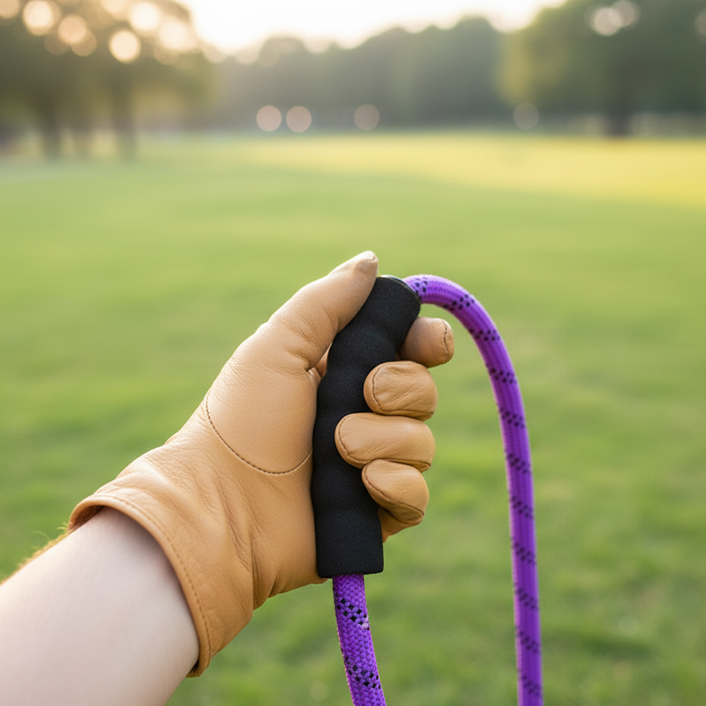 Close-up of hand gripping padded foam handle of purple reflective rope dog leash in park
