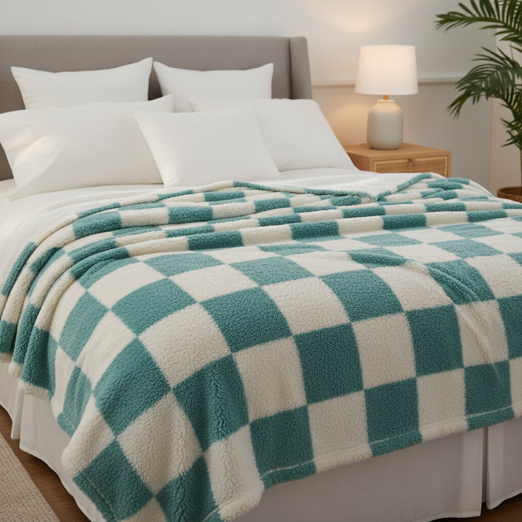 Cozy Flannel Checker Blanket - Teal & White Bedroom