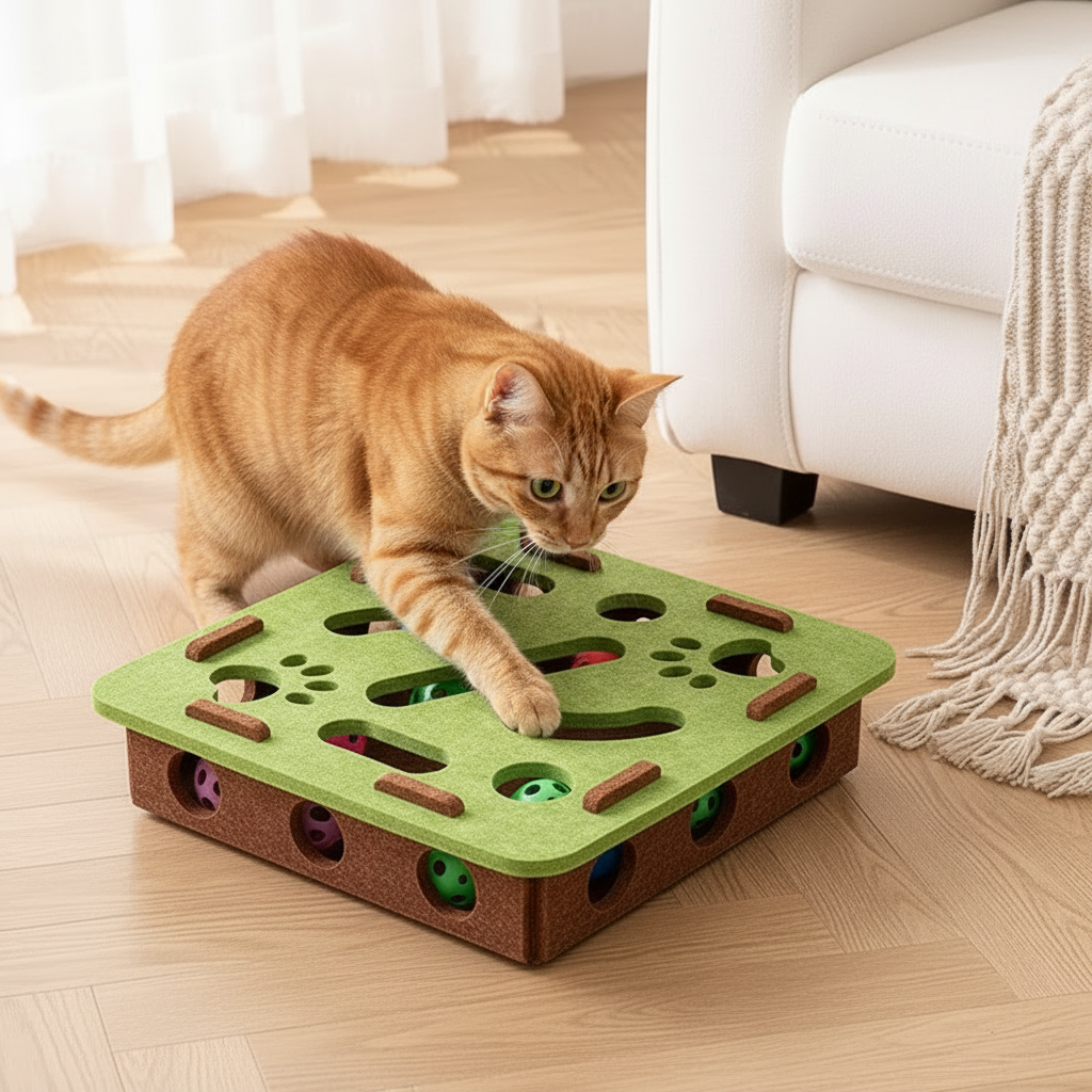 Orange tabby cat playing with green square cat puzzle toy box on wood floor