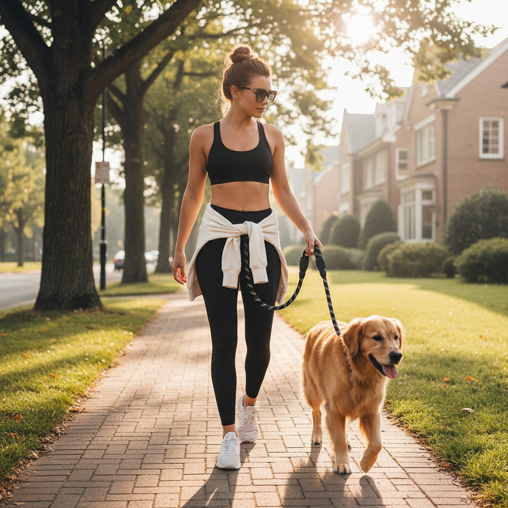 Woman walking golden retriever on black reflective rope leash on sunny sidewalk
