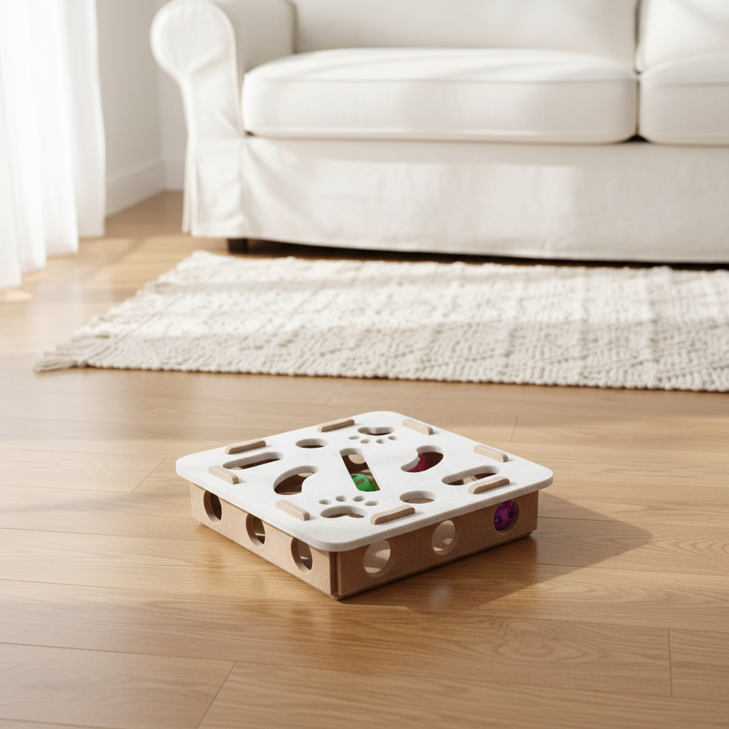 Camel white square cat puzzle toy box on warm wood floor with cozy home interior background
