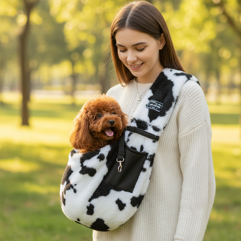 Woman wearing black and white cow print pet sling carrier with brown toy poodle peeking out