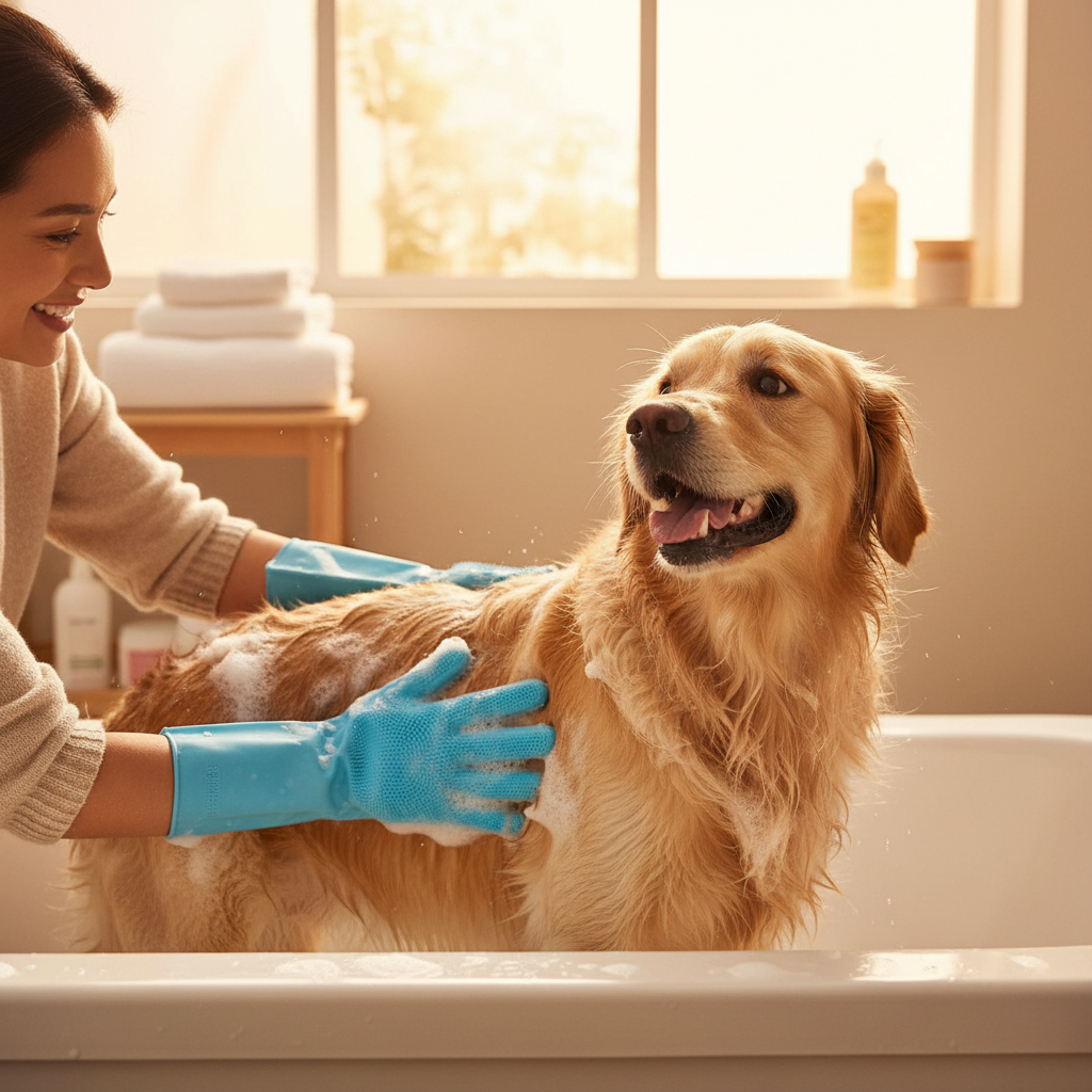 Golden retriever being bathed with Magic Pet Grooming Gloves