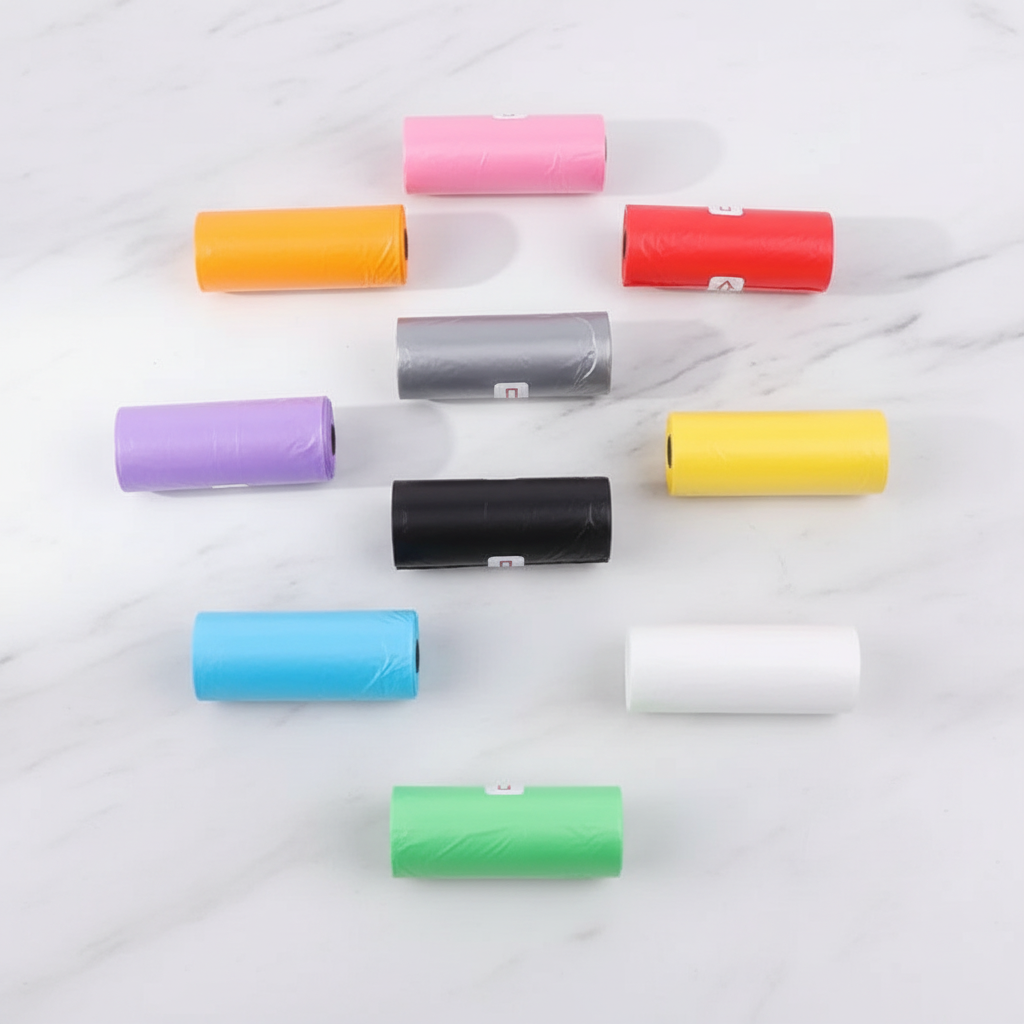 Colorful dog poop bag rolls on marble surface