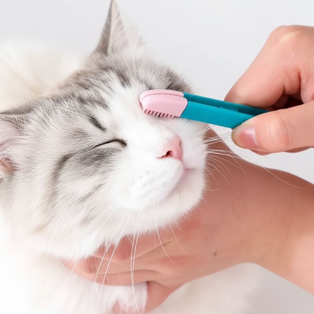 Person cleaning cat's eye with Pet Tear Stain Remover Brush