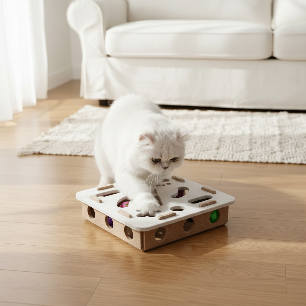 Fluffy white cat playing with camel white square cat puzzle toy box on wood floor